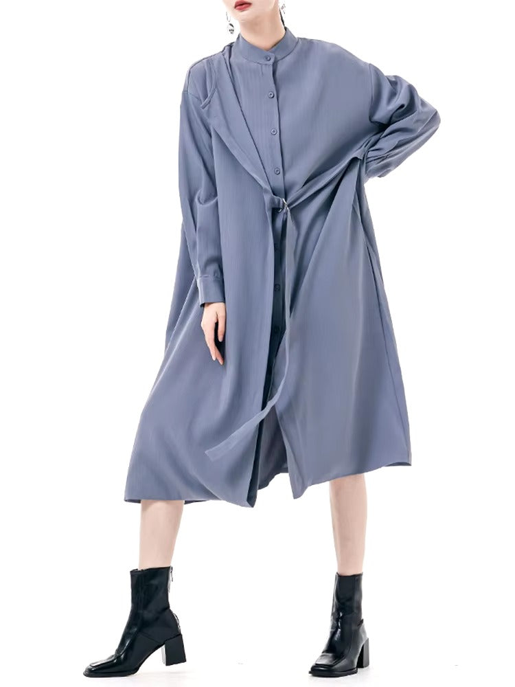 Casual Stand Collar Long Sleeve Big Size Irregular Belt Midi Shirt Dress