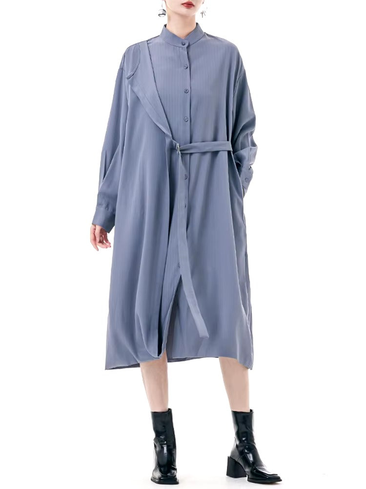 Casual Stand Collar Long Sleeve Big Size Irregular Belt Midi Shirt Dress