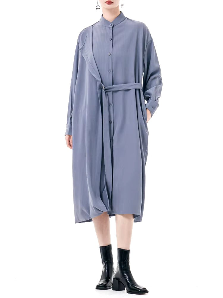 Casual Stand Collar Long Sleeve Big Size Irregular Belt Midi Shirt Dress