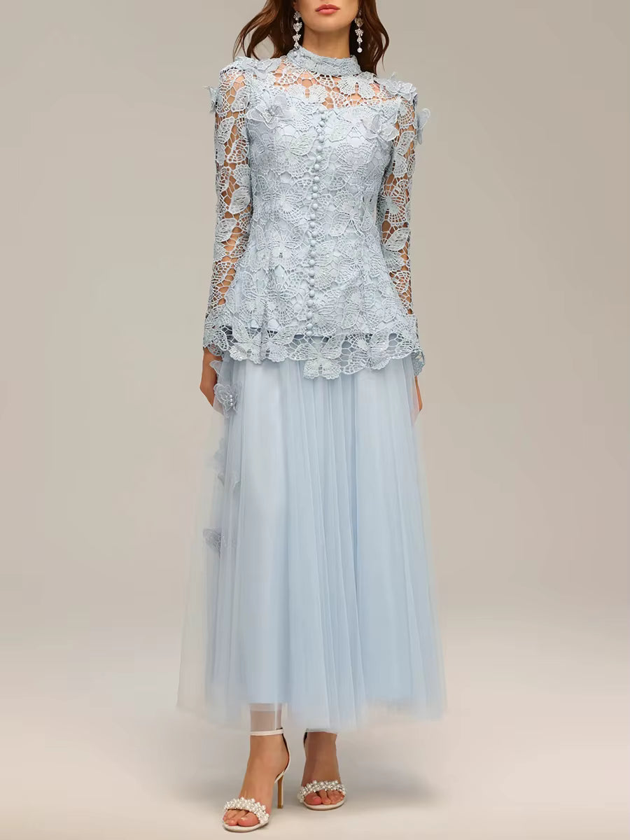 Casual Stand Collar Long Sleeve Spliced Applique Top High Wasit Patchwork Mesh Skirt Two Piece Sets