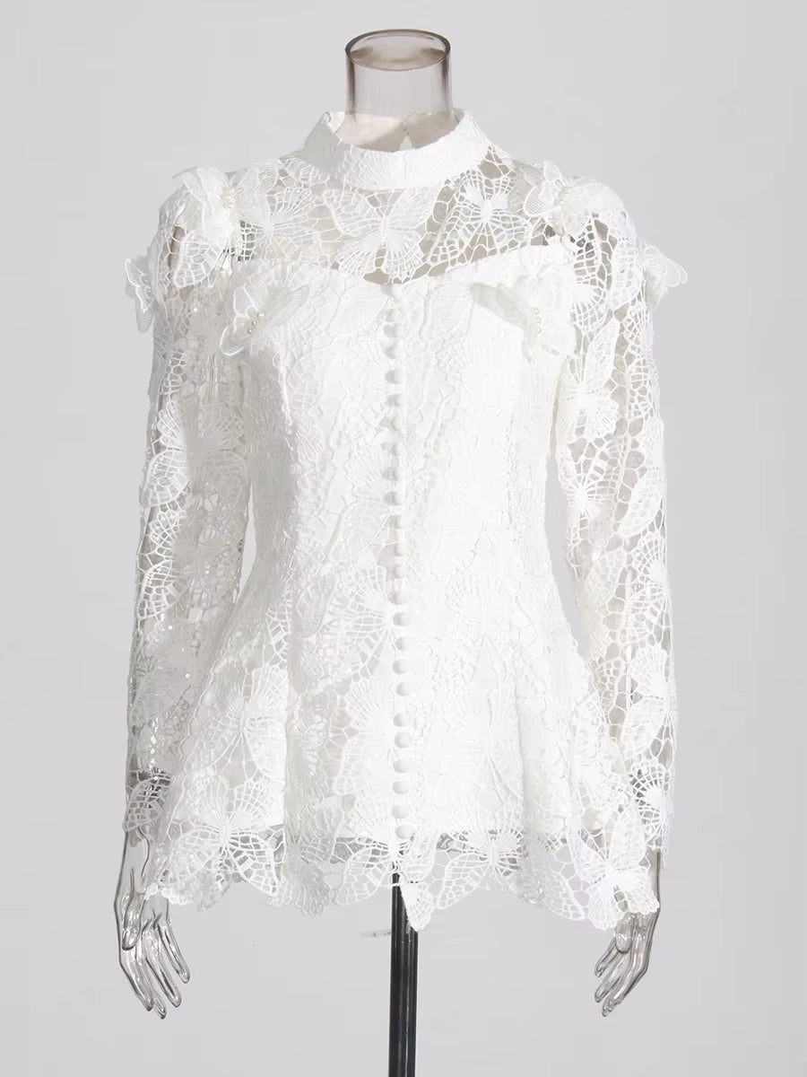 Casual Stand Collar Long Sleeve Spliced Applique Top High Wasit Patchwork Mesh Skirt Two Piece Sets