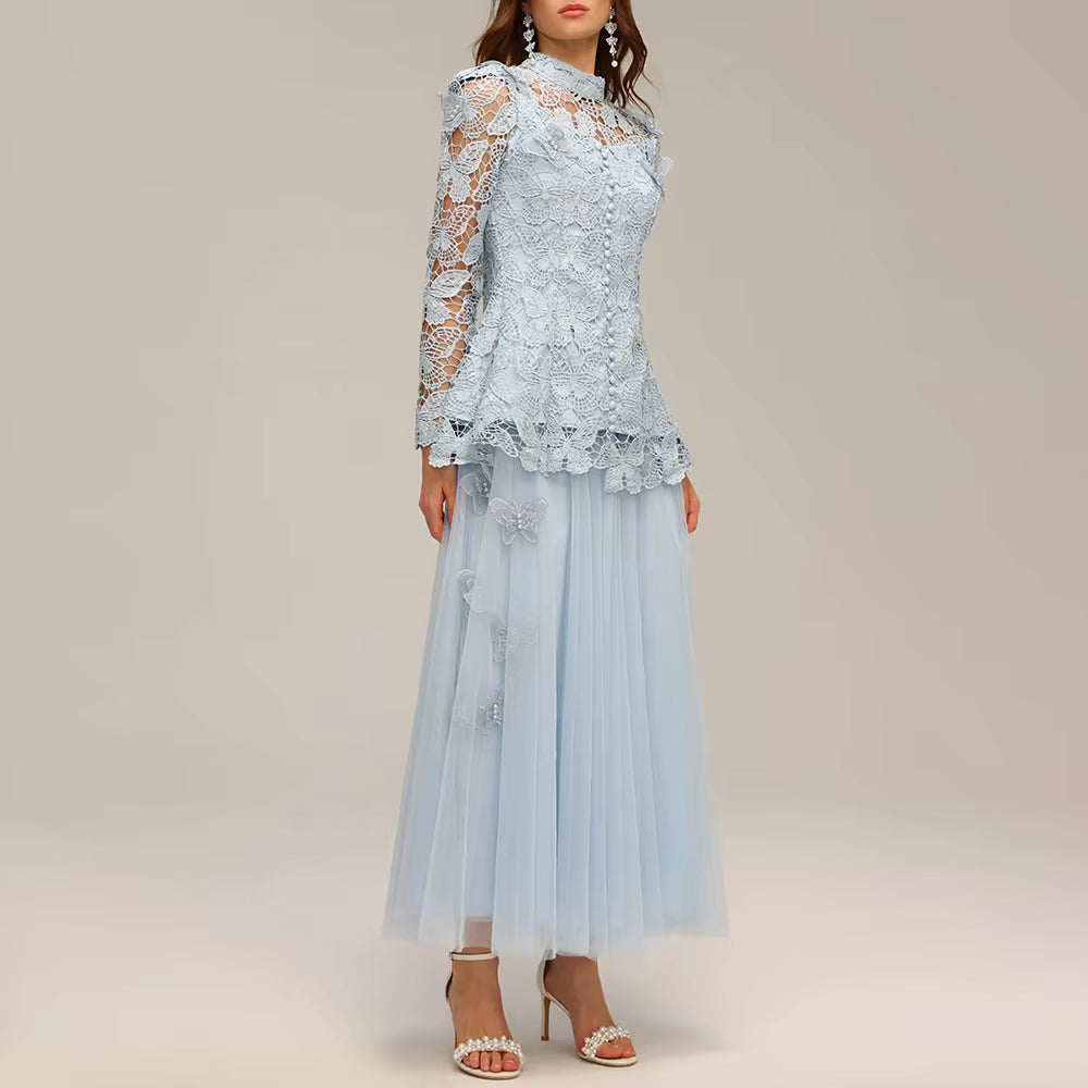 Casual Stand Collar Long Sleeve Spliced Applique Top High Wasit Patchwork Mesh Skirt Two Piece Sets