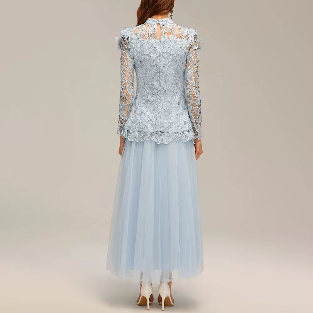 Casual Stand Collar Long Sleeve Spliced Applique Top High Wasit Patchwork Mesh Skirt Two Piece Sets