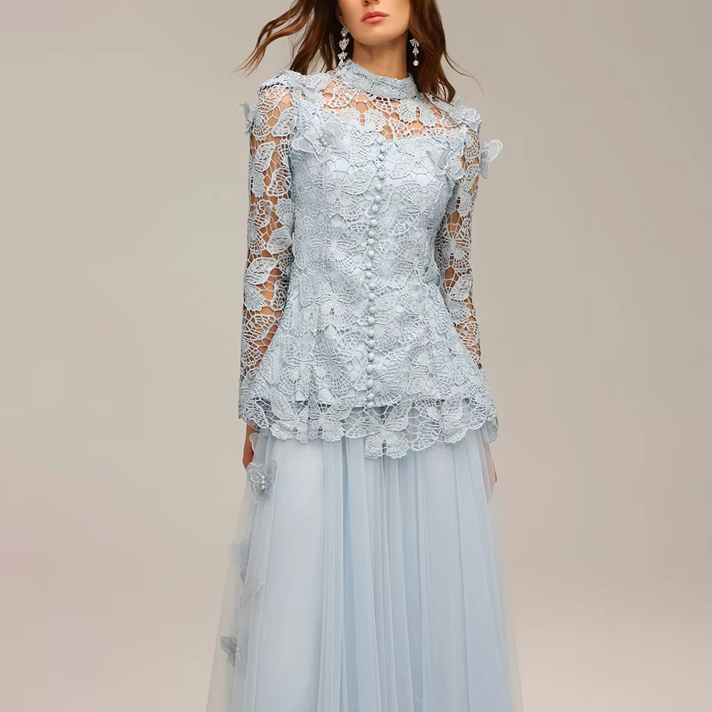 Casual Stand Collar Long Sleeve Spliced Applique Top High Wasit Patchwork Mesh Skirt Two Piece Sets