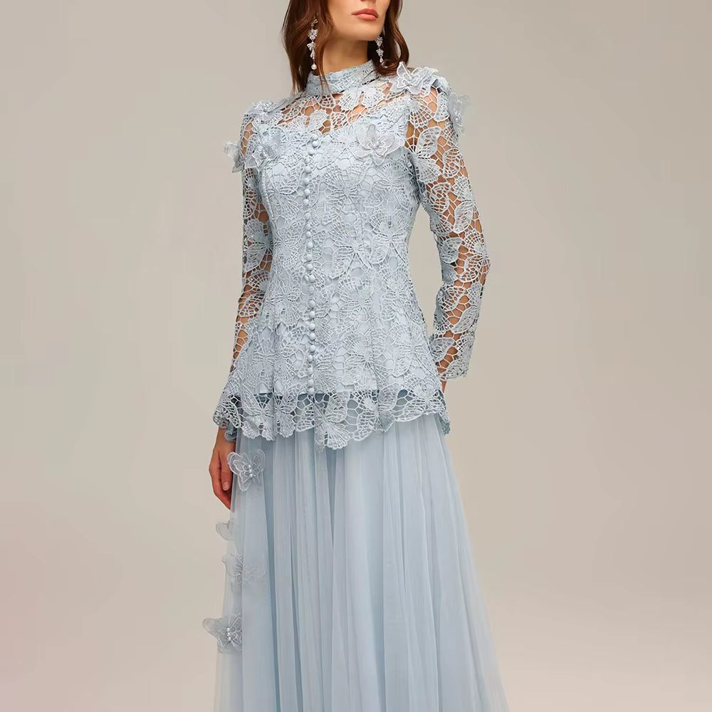 Casual Stand Collar Long Sleeve Spliced Applique Top High Wasit Patchwork Mesh Skirt Two Piece Sets