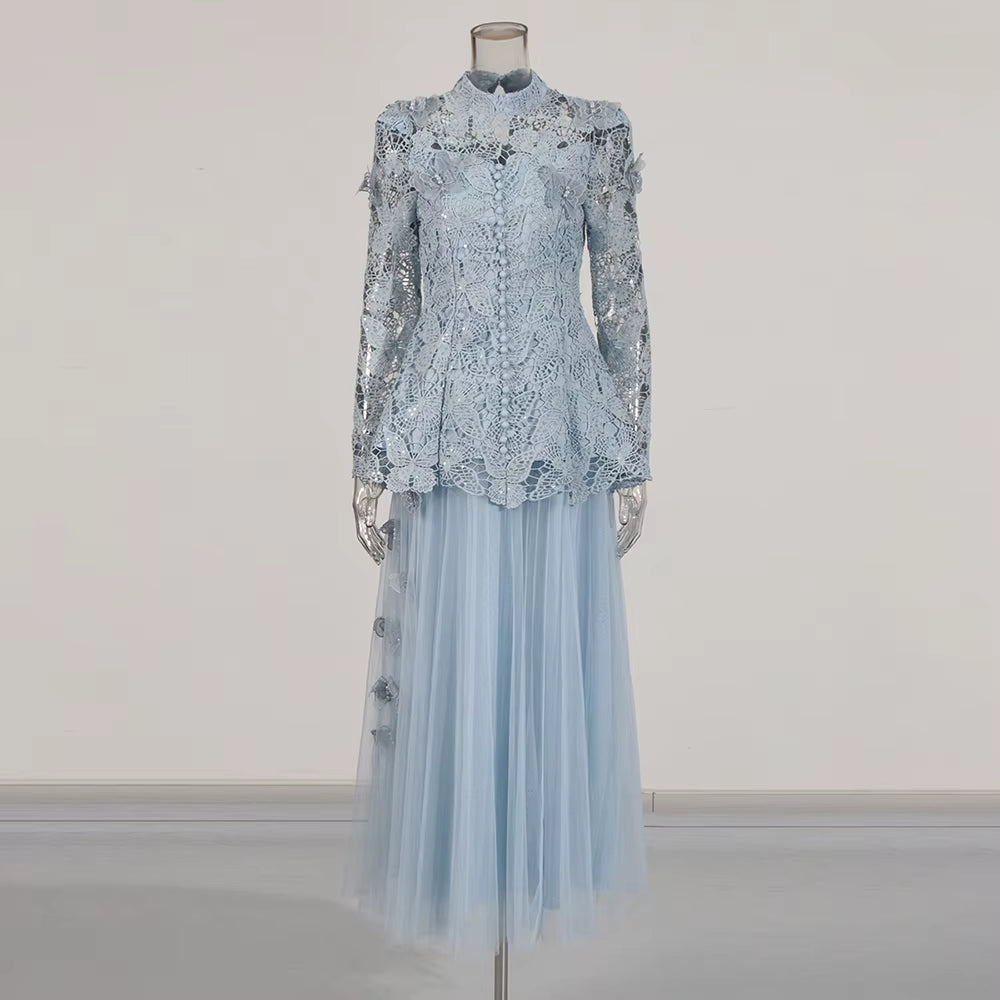 Casual Stand Collar Long Sleeve Spliced Applique Top High Wasit Patchwork Mesh Skirt Two Piece Sets