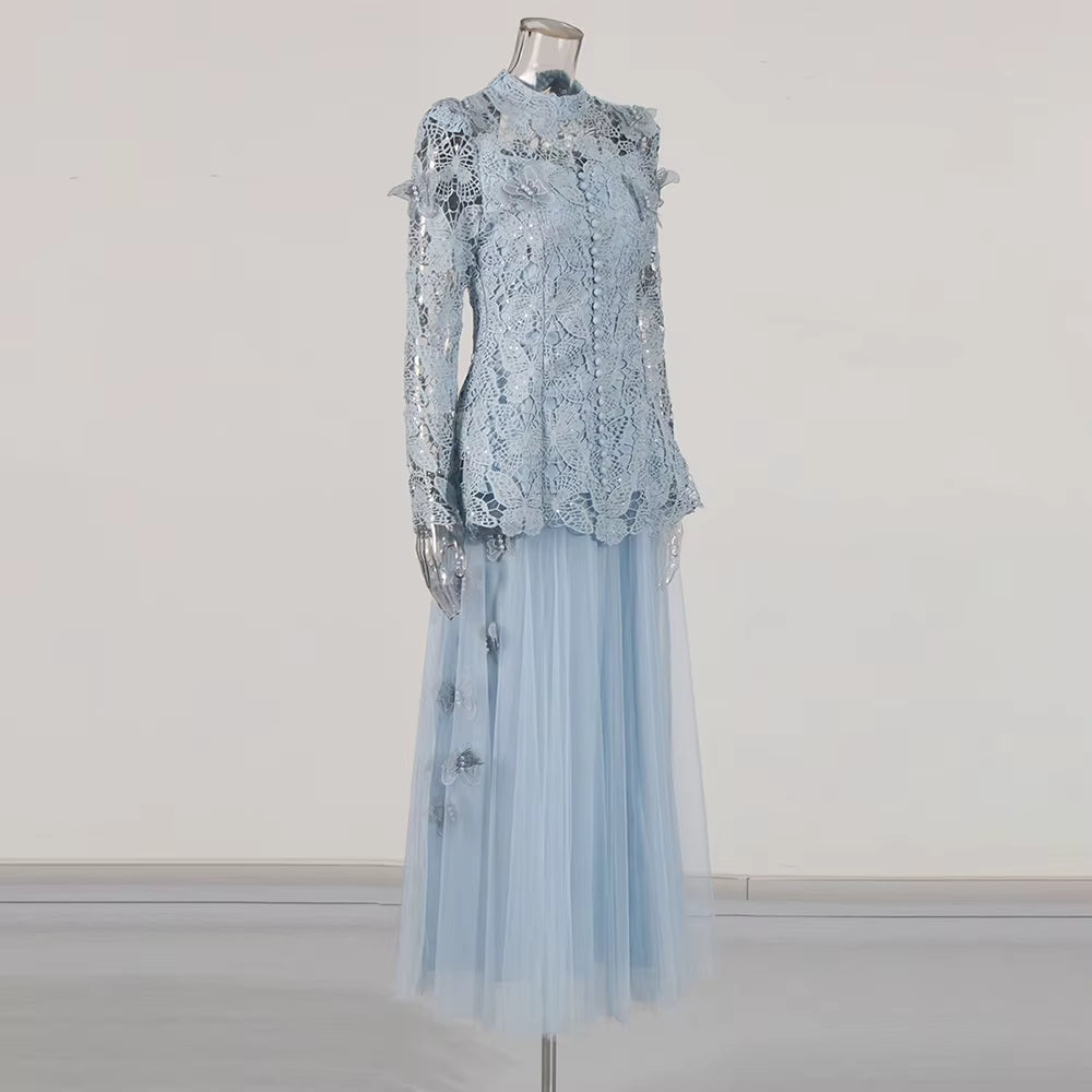 Casual Stand Collar Long Sleeve Spliced Applique Top High Wasit Patchwork Mesh Skirt Two Piece Sets