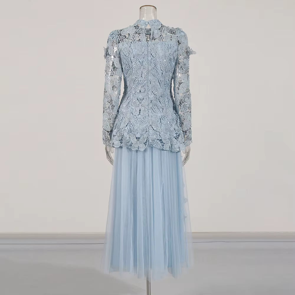Casual Stand Collar Long Sleeve Spliced Applique Top High Wasit Patchwork Mesh Skirt Two Piece Sets
