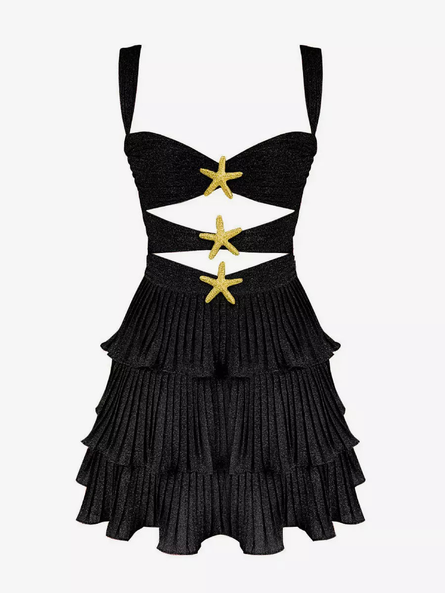 Casual Starfish Decoration Polyester Tiered Sleeveless Mini Dress