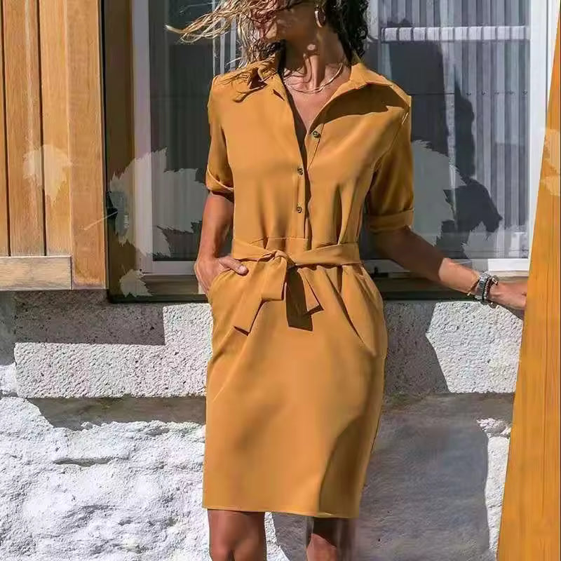 Casual Straight Soild Pocket Sashes Half Sleeve Shirt Knee-Length Dresses