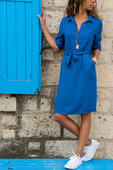 Casual Straight Soild Pocket Sashes Half Sleeve Shirt Knee-Length Dresses