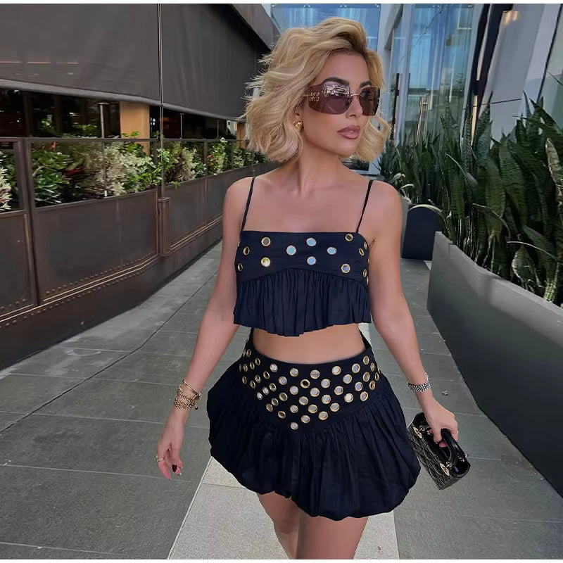 Casual Strap Ruffle Solid Slash Neck Crop Tops Mini Sequin Top Skirt Set