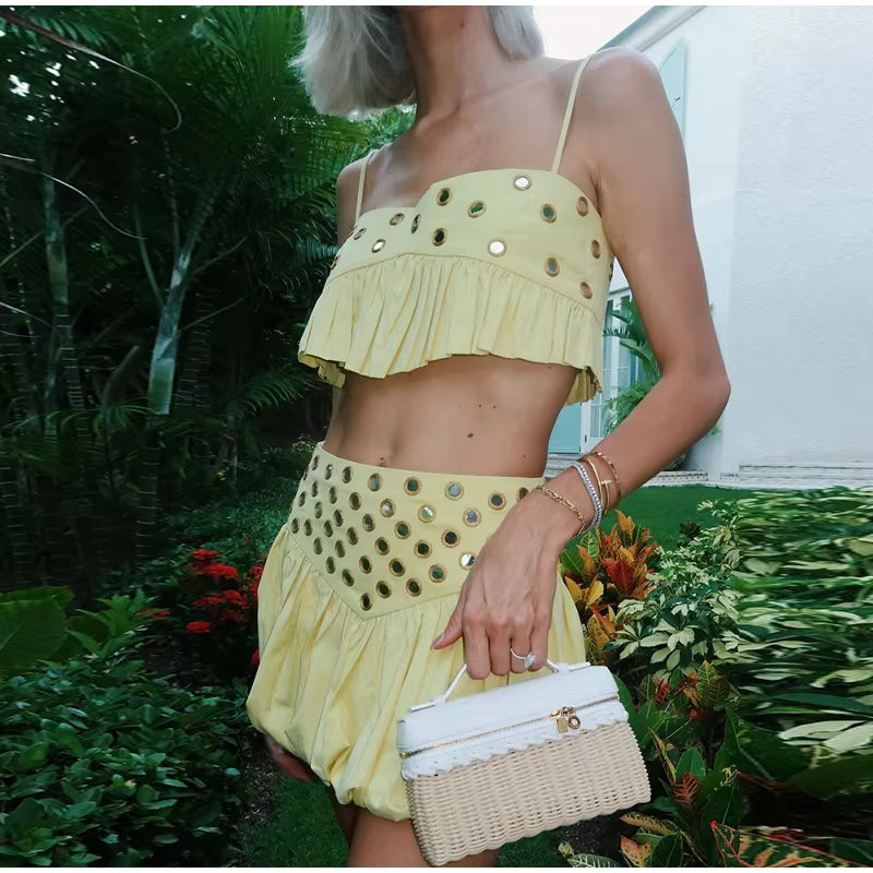 Casual Strap Ruffle Solid Slash Neck Crop Tops Mini Sequin Top Skirt Set