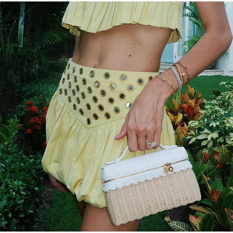 Casual Strap Ruffle Solid Slash Neck Crop Tops Mini Sequin Top Skirt Set