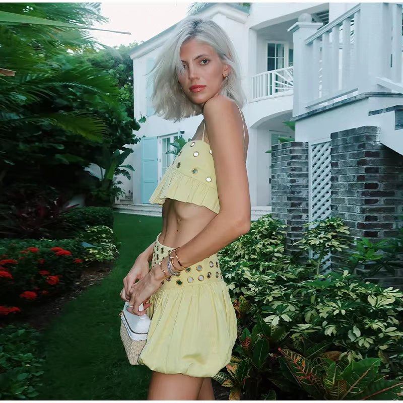 Casual Strap Ruffle Solid Slash Neck Crop Tops Mini Sequin Top Skirt Set