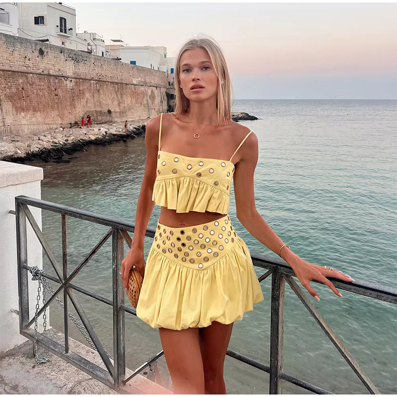 Casual Strap Ruffle Solid Slash Neck Crop Tops Mini Sequin Top Skirt Set