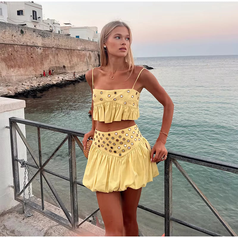 Casual Strap Ruffle Solid Slash Neck Crop Tops Mini Sequin Top Skirt Set