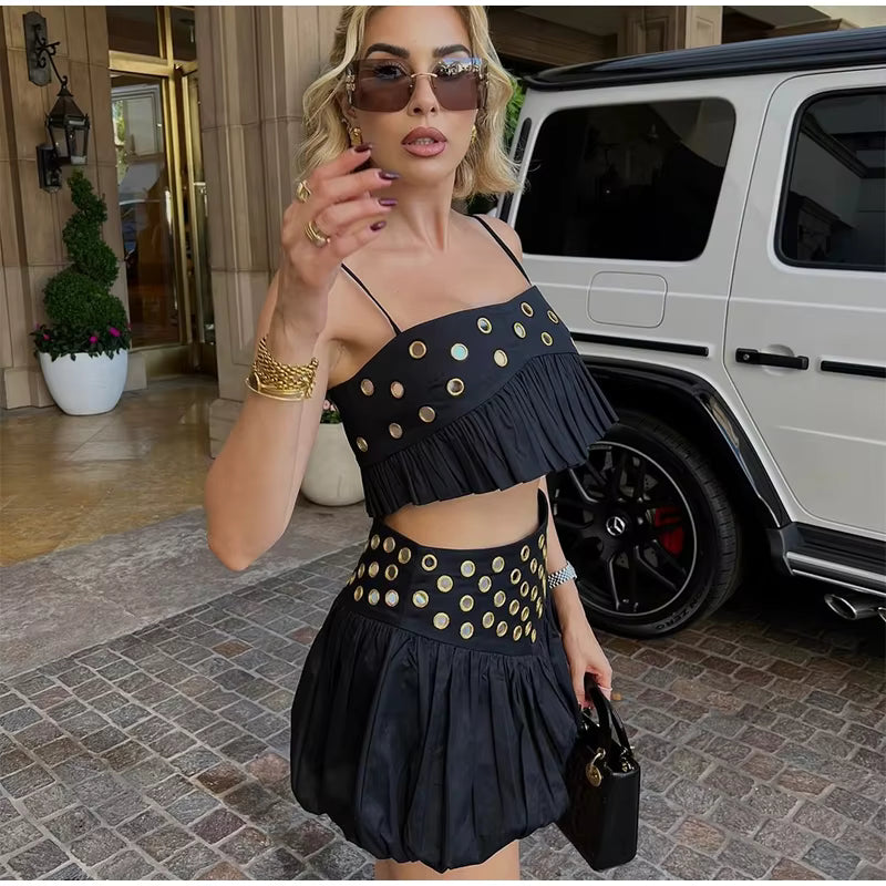 Casual Strap Ruffle Solid Slash Neck Crop Tops Mini Sequin Top Skirt Set