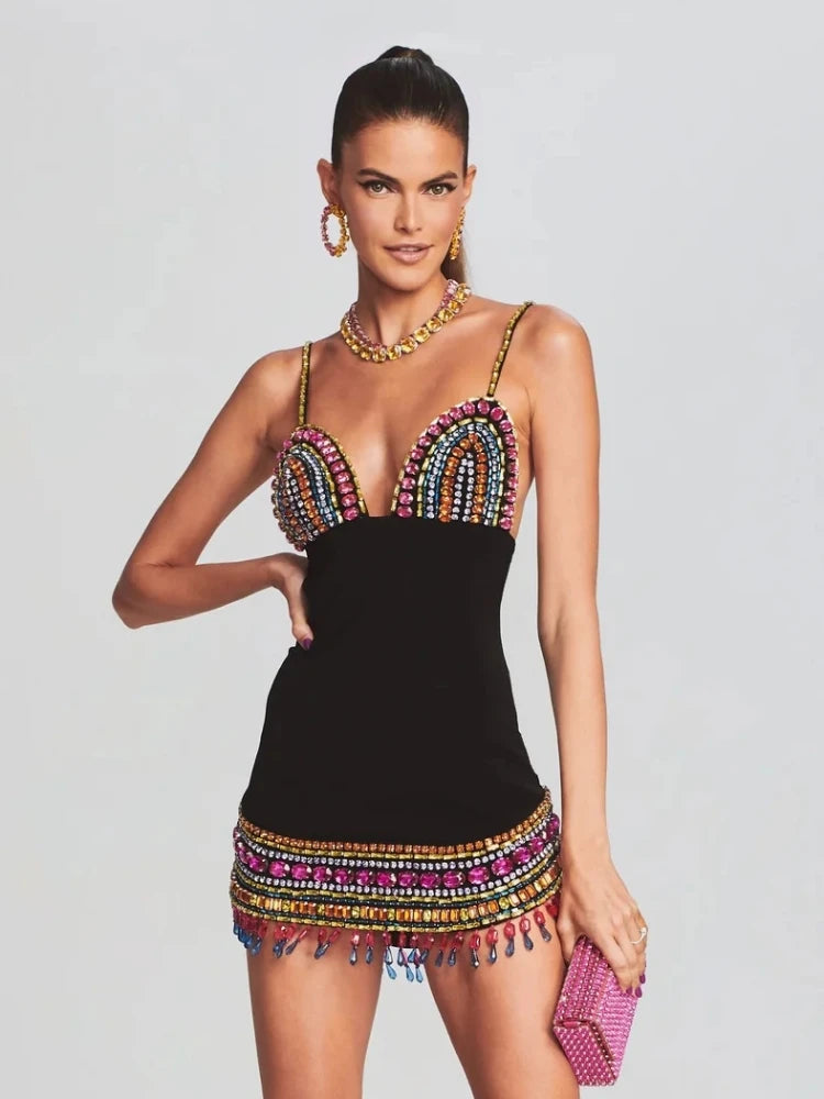 Casual Strap V Neck Crystal Sleeveless Bandage Diamonds Bodycon Mini Dress