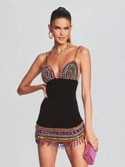 Casual Strap V Neck Crystal Sleeveless Bandage Diamonds Bodycon Mini Dress