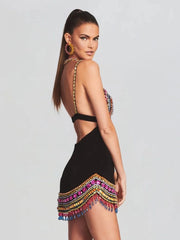 Casual Strap V Neck Crystal Sleeveless Bandage Diamonds Bodycon Mini Dress
