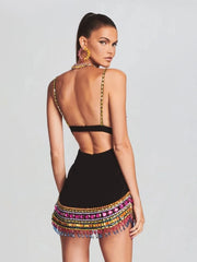 Casual Strap V Neck Crystal Sleeveless Bandage Diamonds Bodycon Mini Dress