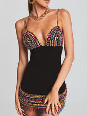 Casual Strap V Neck Crystal Sleeveless Bandage Diamonds Bodycon Mini Dress
