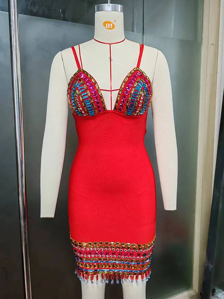 Casual Strap V Neck Crystal Sleeveless Bandage Diamonds Bodycon Mini Dress