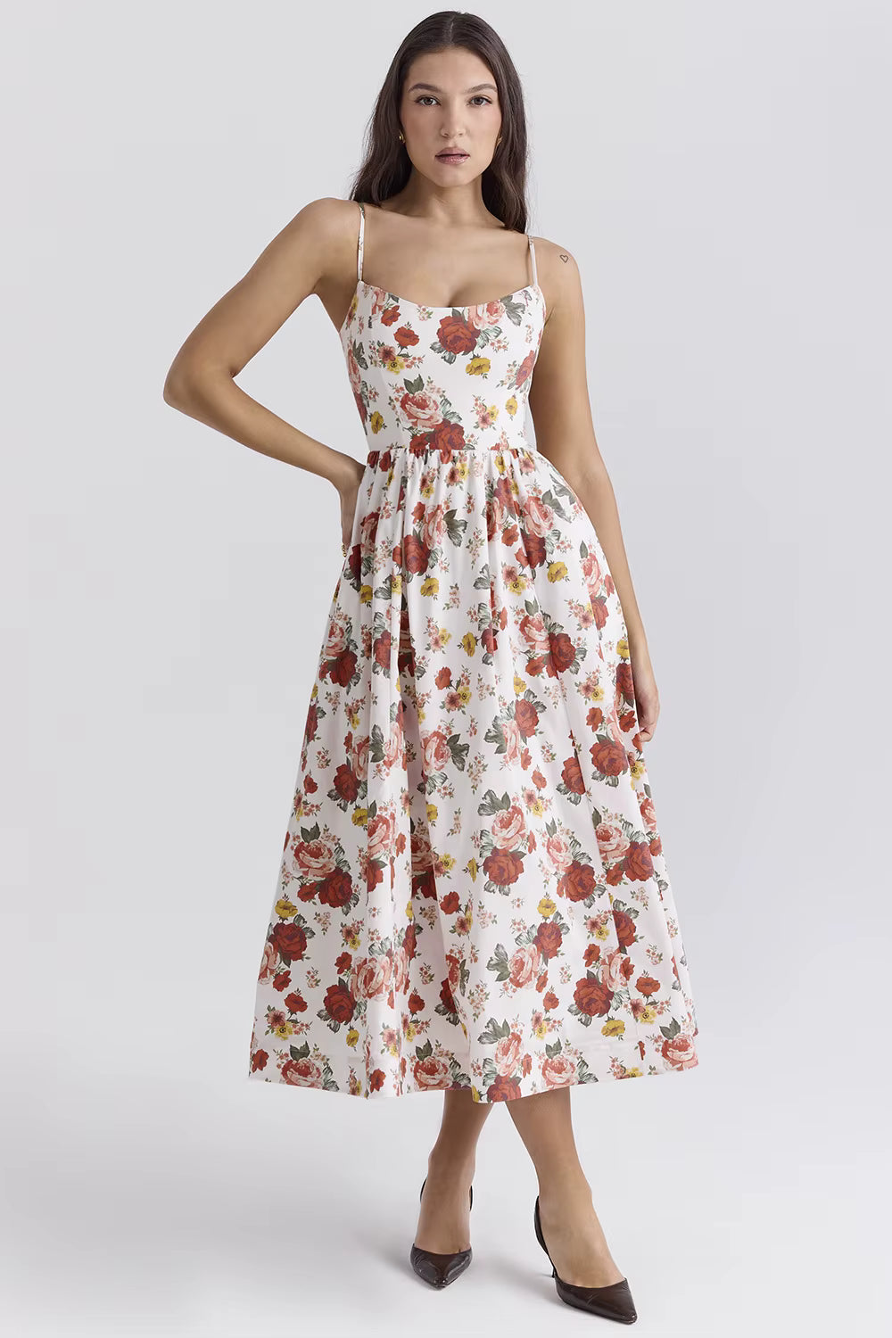 Casual Strapless A-LINE Floral Spaghetti Strap Backless Midi Dress