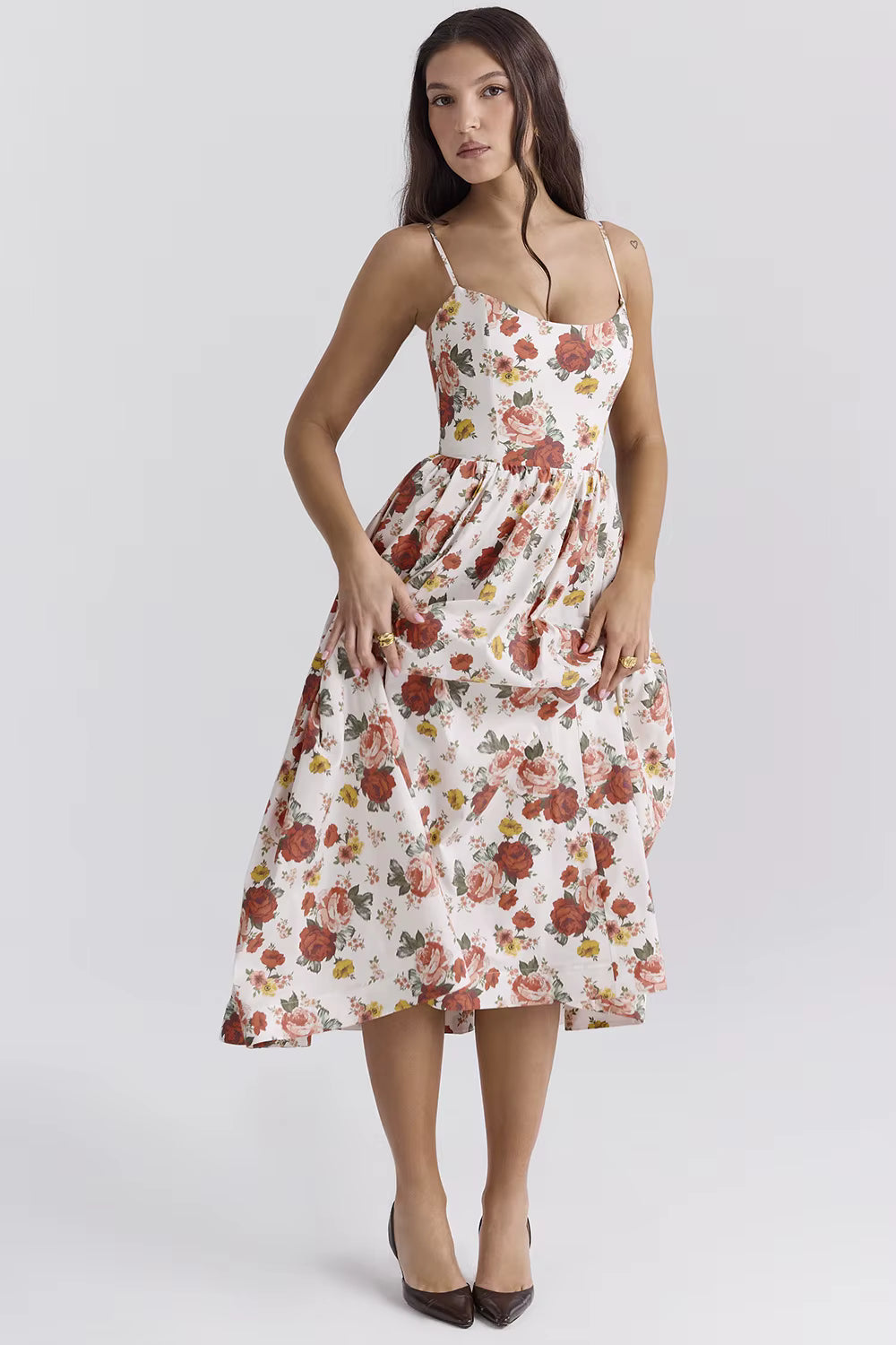 Casual Strapless A-LINE Floral Spaghetti Strap Backless Midi Dress