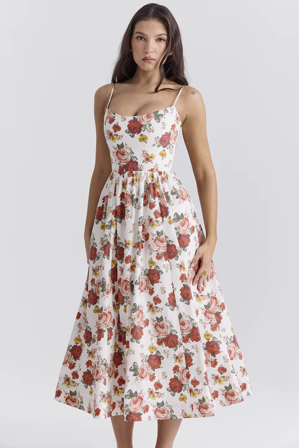 Casual Strapless A-LINE Floral Spaghetti Strap Backless Midi Dress