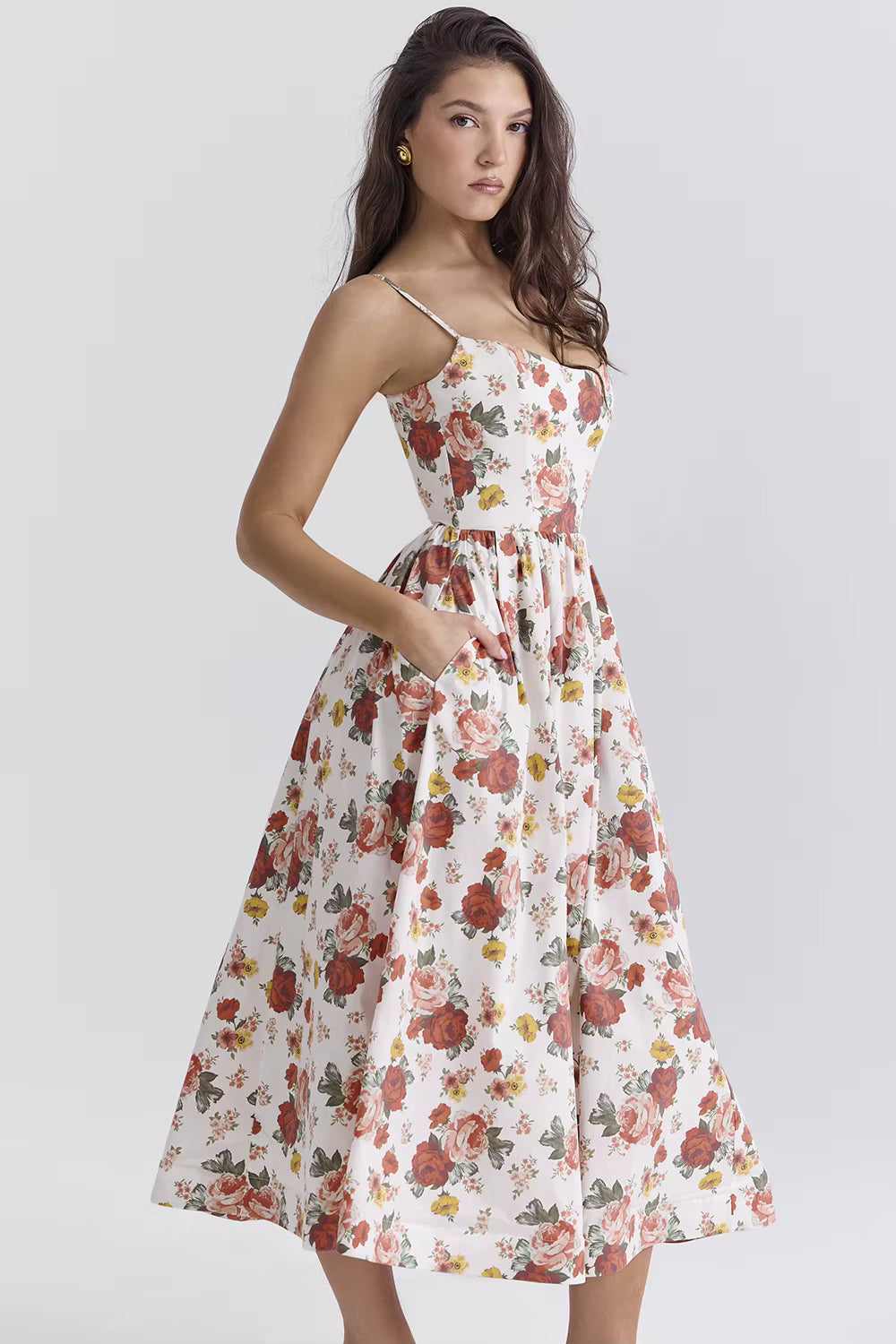 Casual Strapless A-LINE Floral Spaghetti Strap Backless Midi Dress