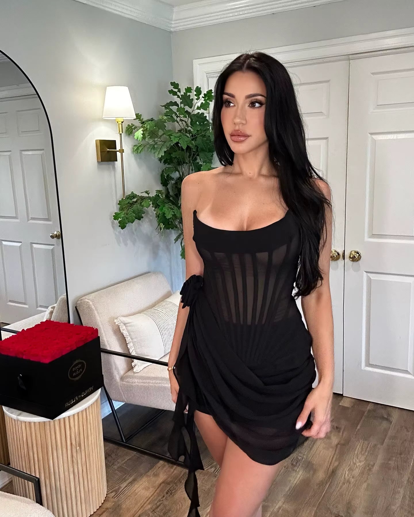 Casual Strapless Bandage Double-layer Mesh Patchwork Perspective Tight Flower Ribbon Mini Dress
