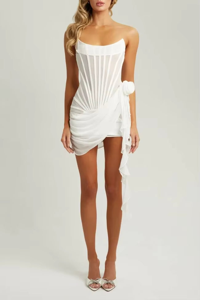 Casual Strapless Bandage Double-layer Mesh Patchwork Perspective Tight Flower Ribbon Mini Dress