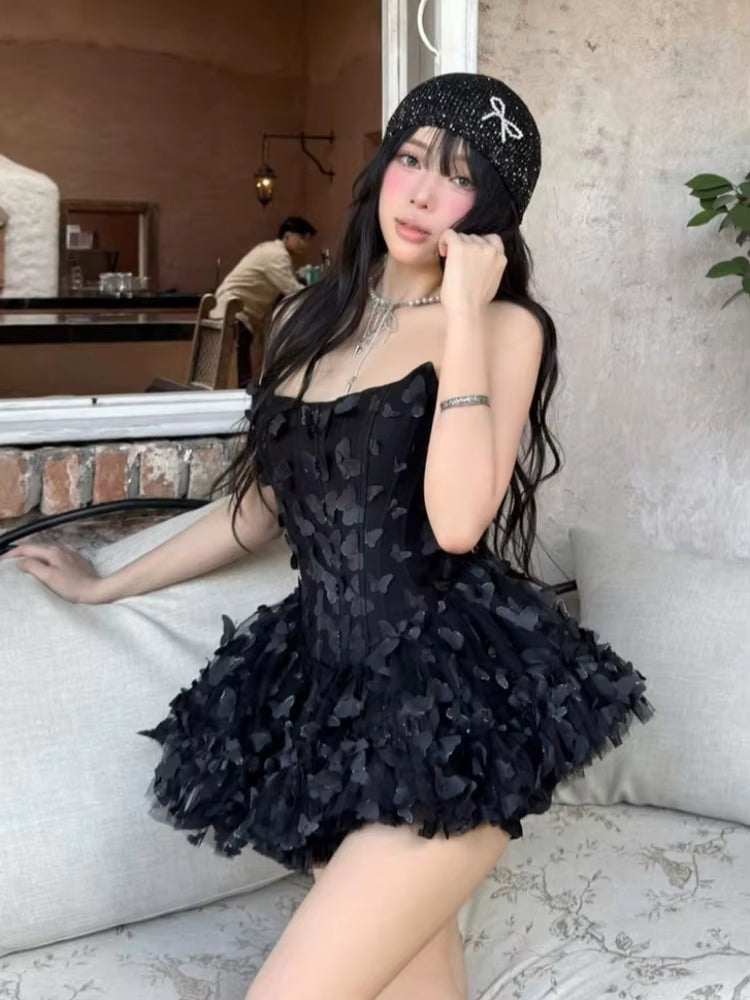 Casual Strapless Butterfly Patchwork Sleeveless Backless Ruffle Mini Dress