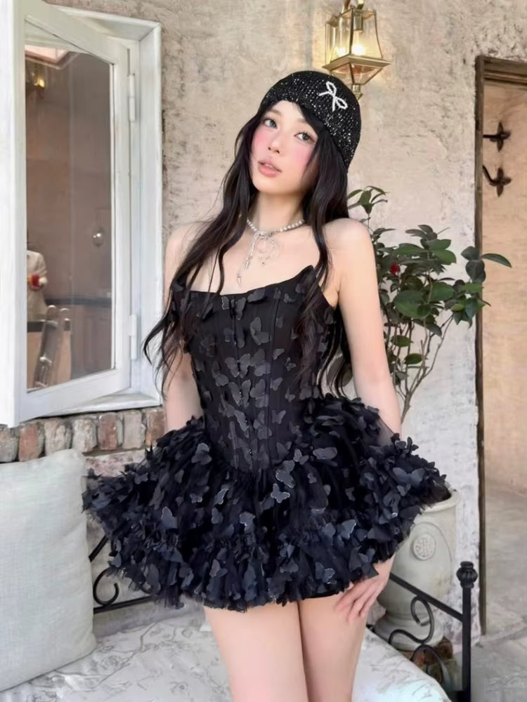 Casual Strapless Butterfly Patchwork Sleeveless Backless Ruffle Mini Dress