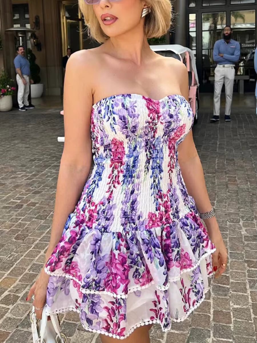 Casual Strapless Color Block Printed Spliced Ruffles High Waist Mini Dress
