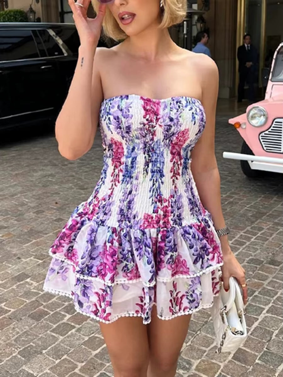 Casual Strapless Color Block Printed Spliced Ruffles High Waist Mini Dress