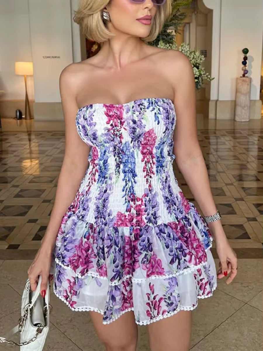 Casual Strapless Color Block Printed Spliced Ruffles High Waist Mini Dress