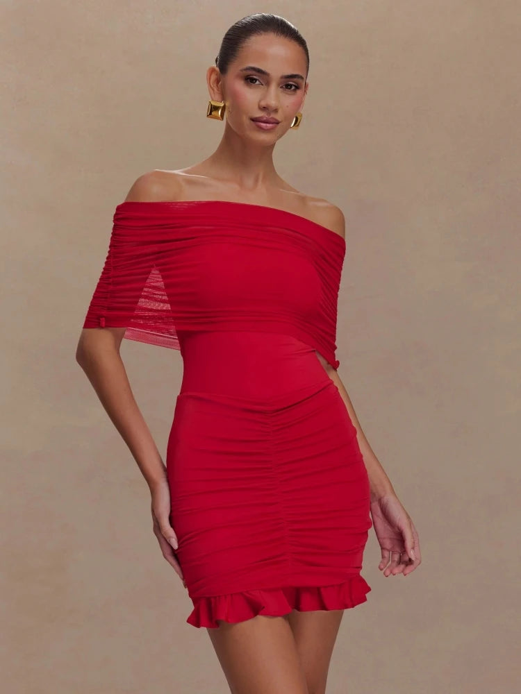 Casual Strapless Flods Patchwork Ruffles Off -Shoulder Pleated Bodycon Mini Dress