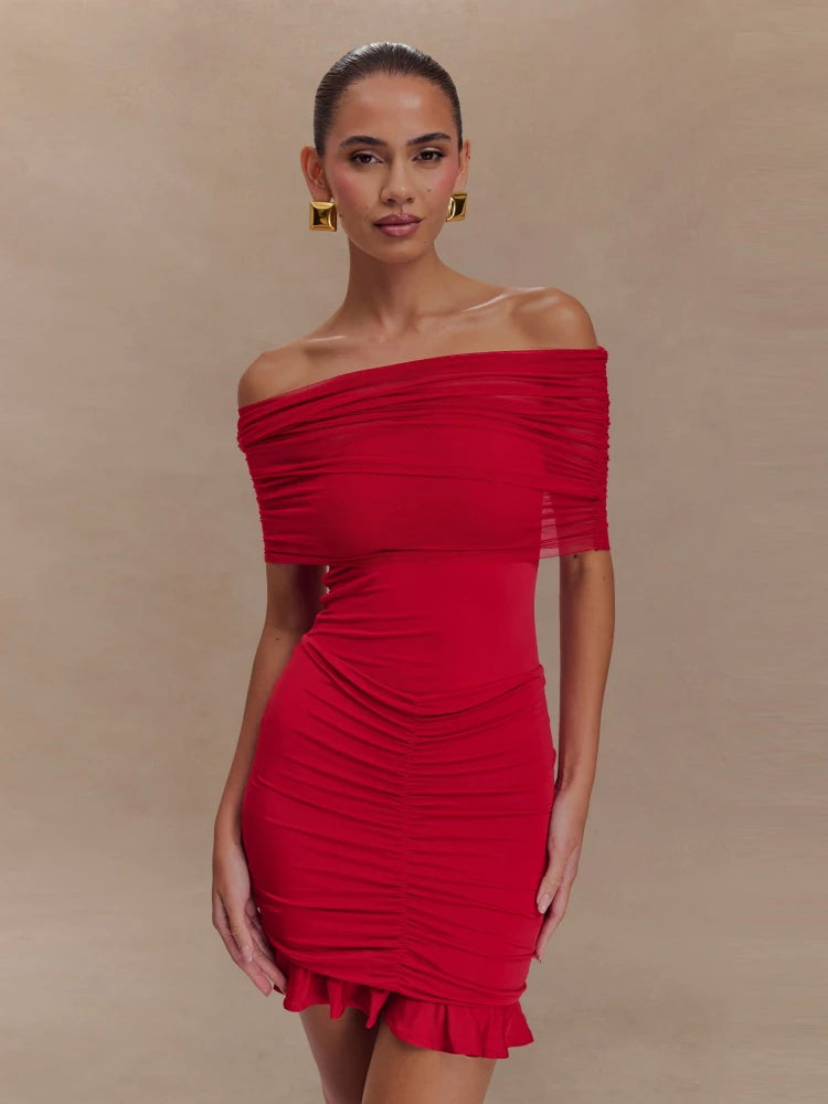 Casual Strapless Flods Patchwork Ruffles Off -Shoulder Pleated Bodycon Mini Dress