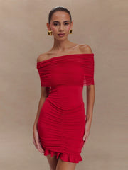 Casual Strapless Flods Patchwork Ruffles Off -Shoulder Pleated Bodycon Mini Dress