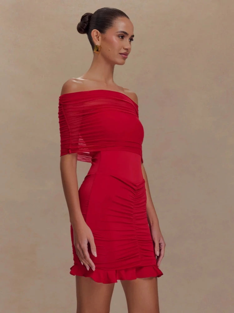 Casual Strapless Flods Patchwork Ruffles Off -Shoulder Pleated Bodycon Mini Dress