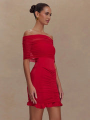Casual Strapless Flods Patchwork Ruffles Off -Shoulder Pleated Bodycon Mini Dress