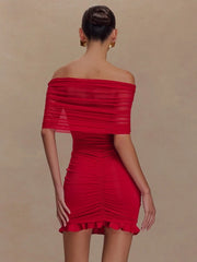 Casual Strapless Flods Patchwork Ruffles Off -Shoulder Pleated Bodycon Mini Dress