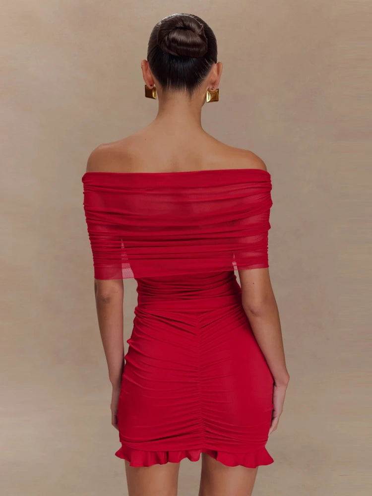 Casual Strapless Flods Patchwork Ruffles Off -Shoulder Pleated Bodycon Mini Dress