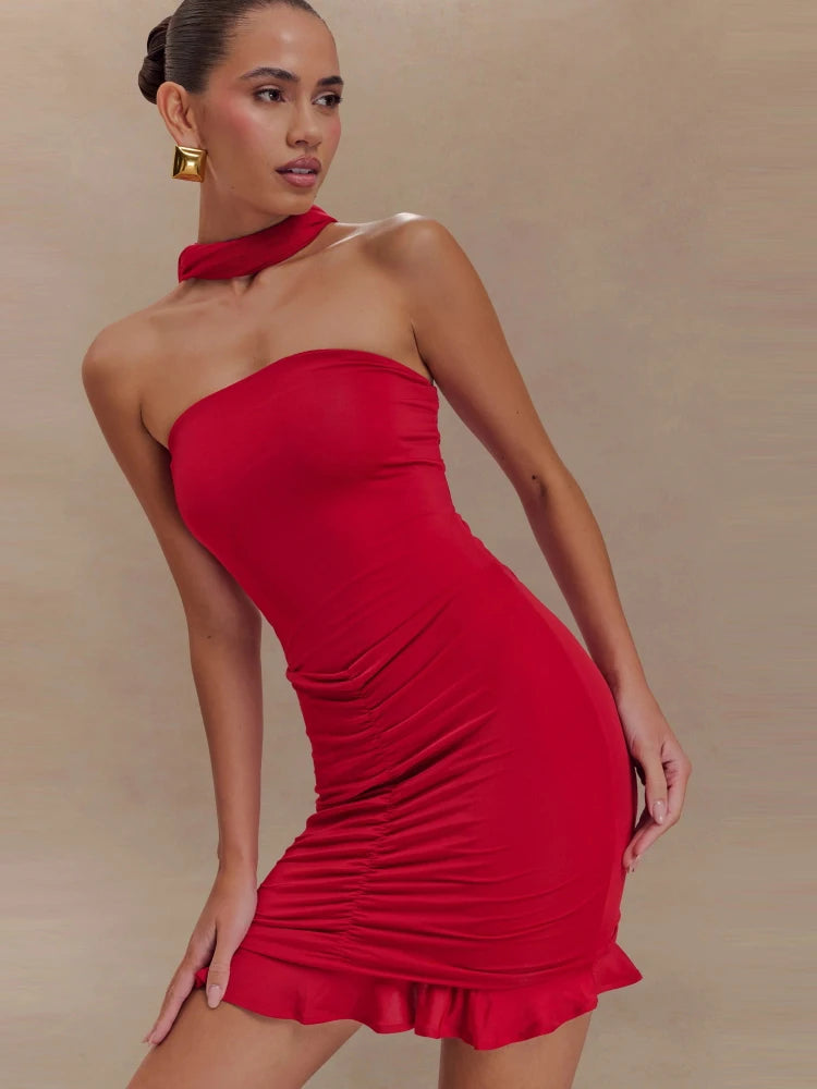 Casual Strapless Flods Patchwork Ruffles Off -Shoulder Pleated Bodycon Mini Dress