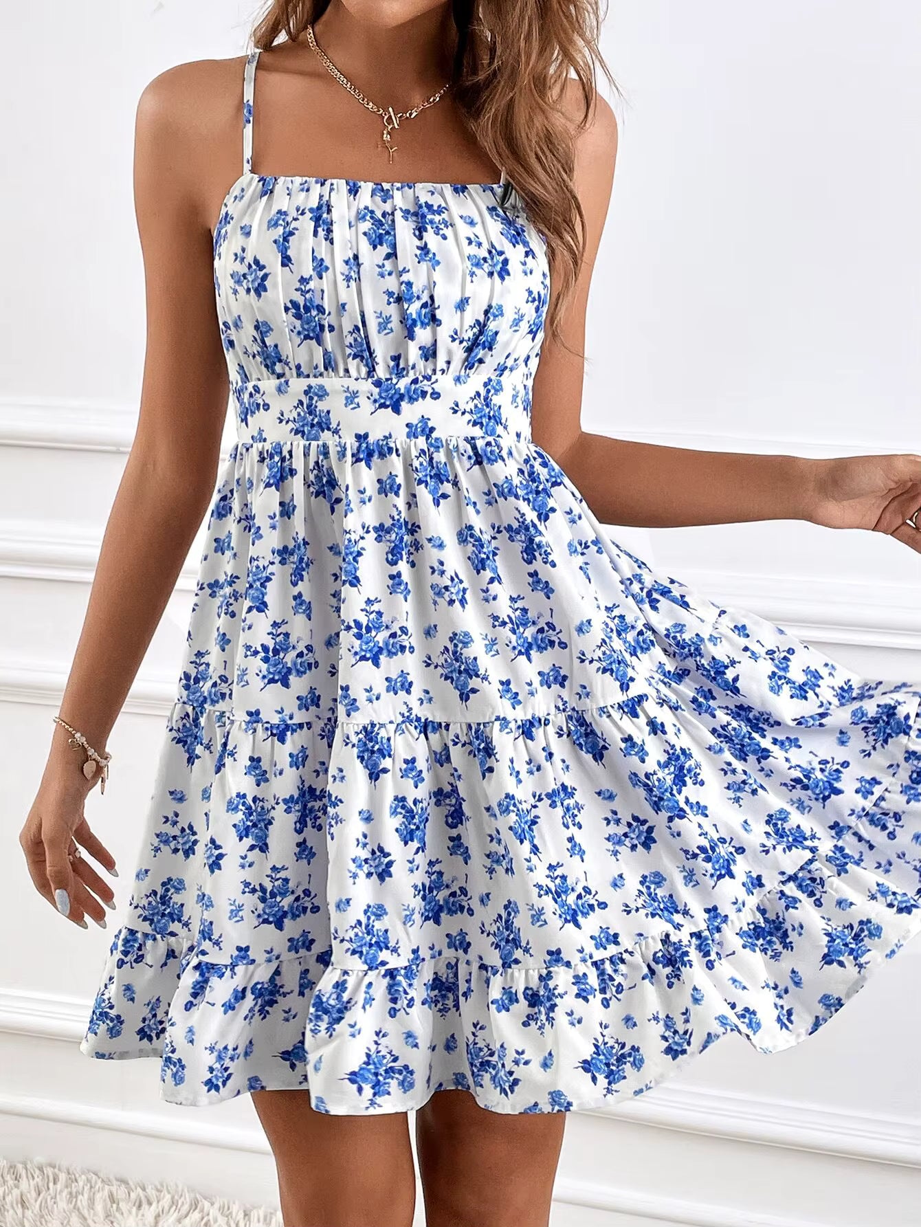 Casual Strapless Floral Printed A-LINE Spaghetti Strap Beach Mini Dress