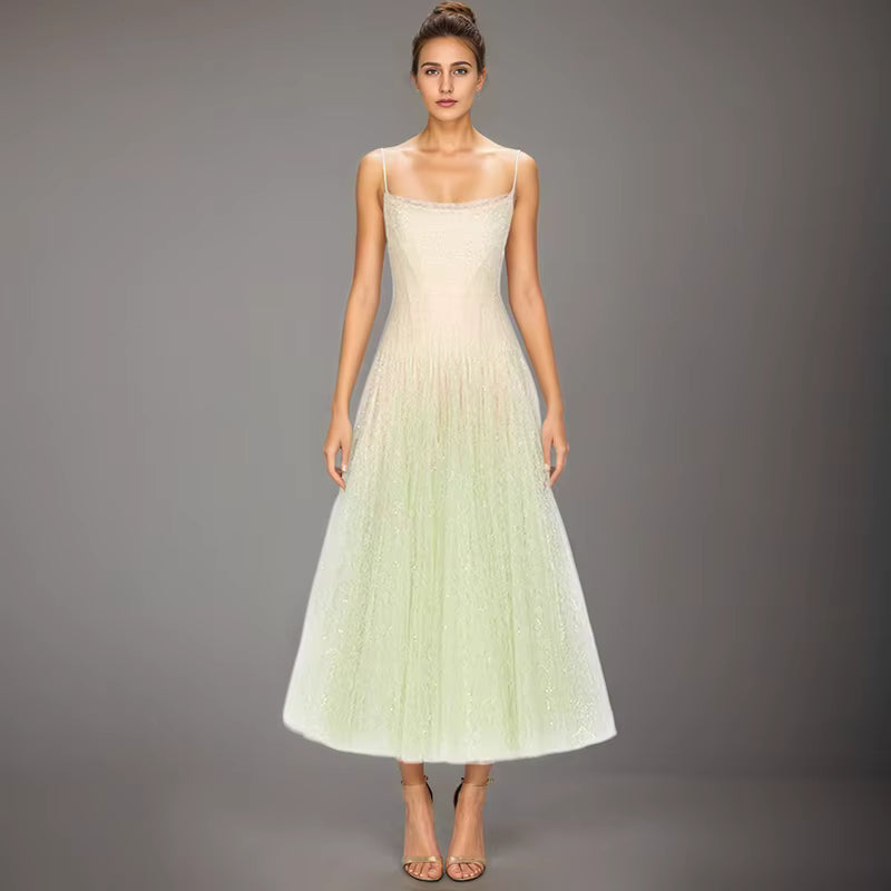 Casual Strapless High Waist Sequined Lace Mesh Strapless Maxi Dress