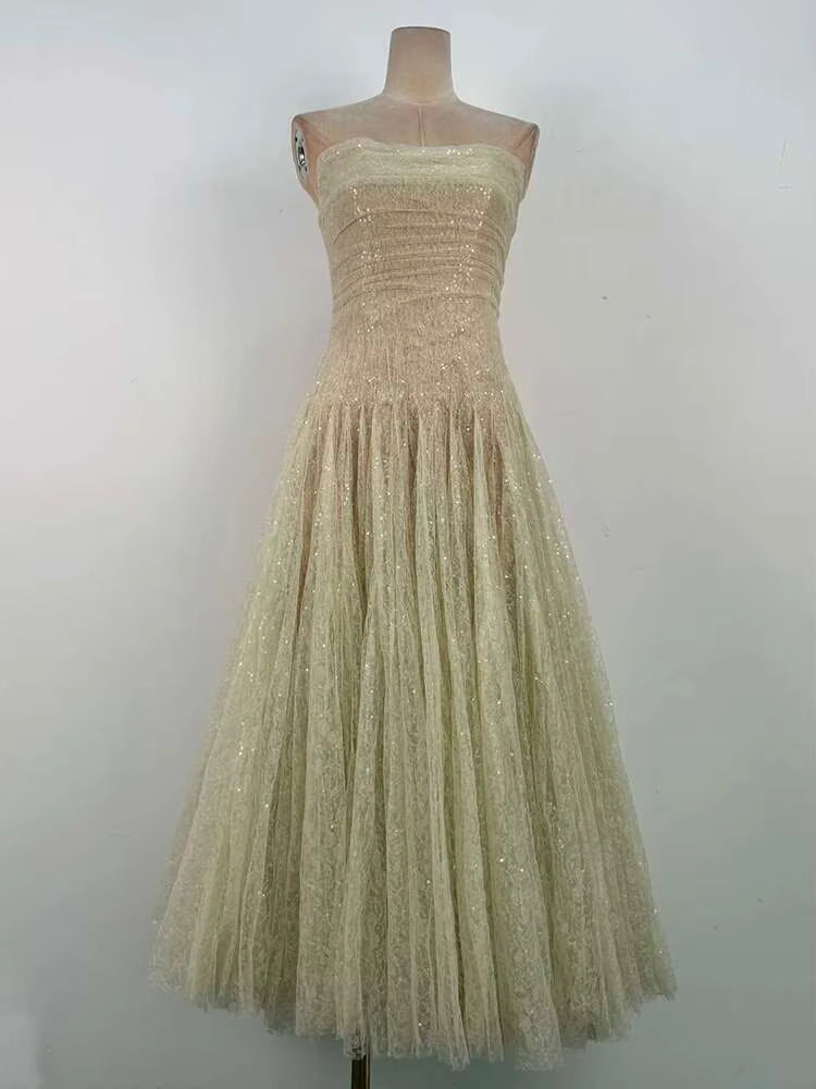 Casual Strapless High Waist Sequined Lace Mesh Strapless Maxi Dress